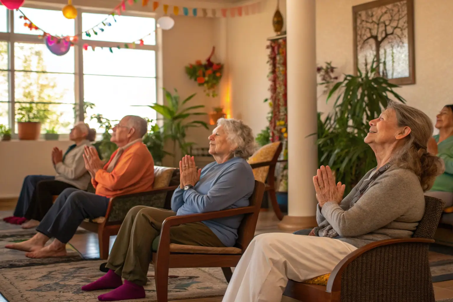 Seniors doing chair yoga together