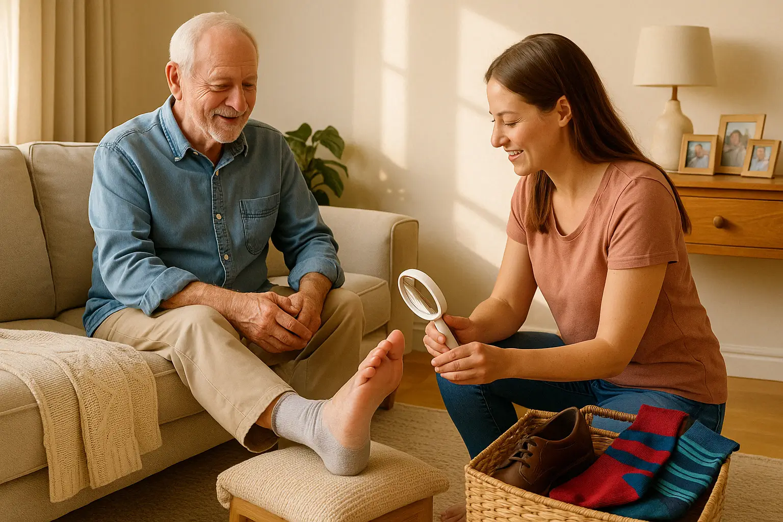 Young woman checks senior man's foot