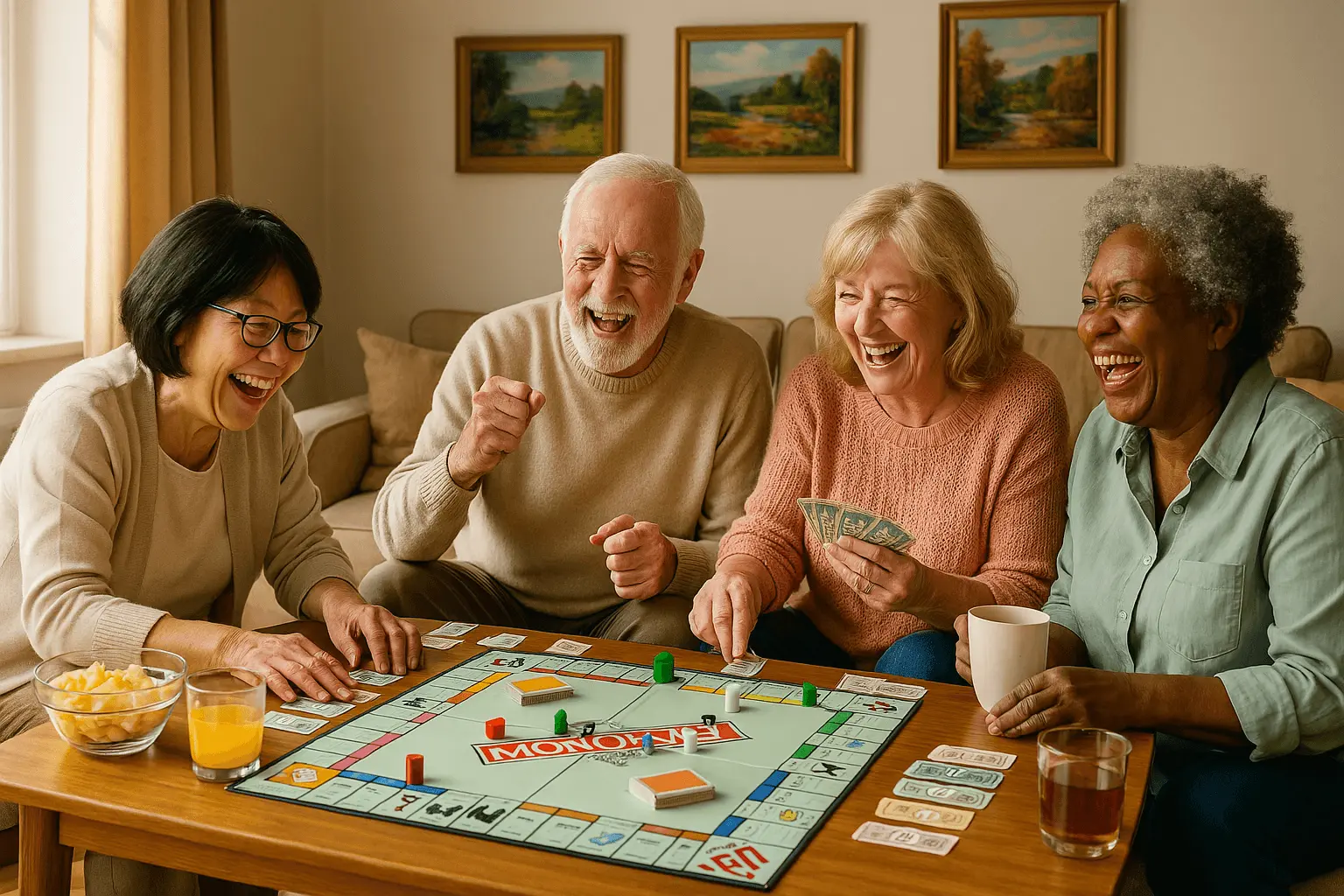 Diverse seniors playing monopoly living room fun