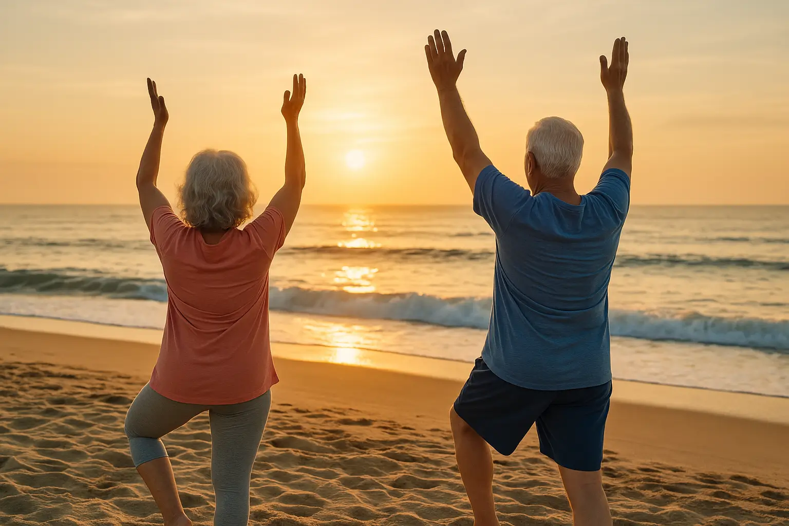 Senior couple doing yoga at sunrise