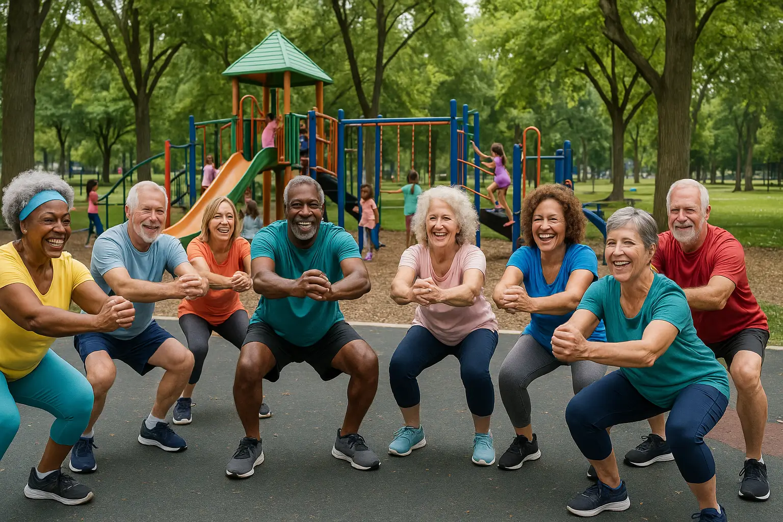 Seniors doing squats in park