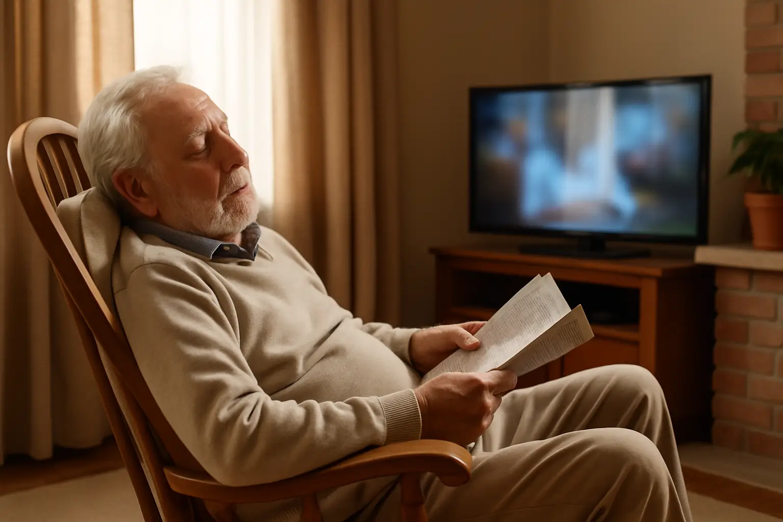 Elderly man naps with paper by TV