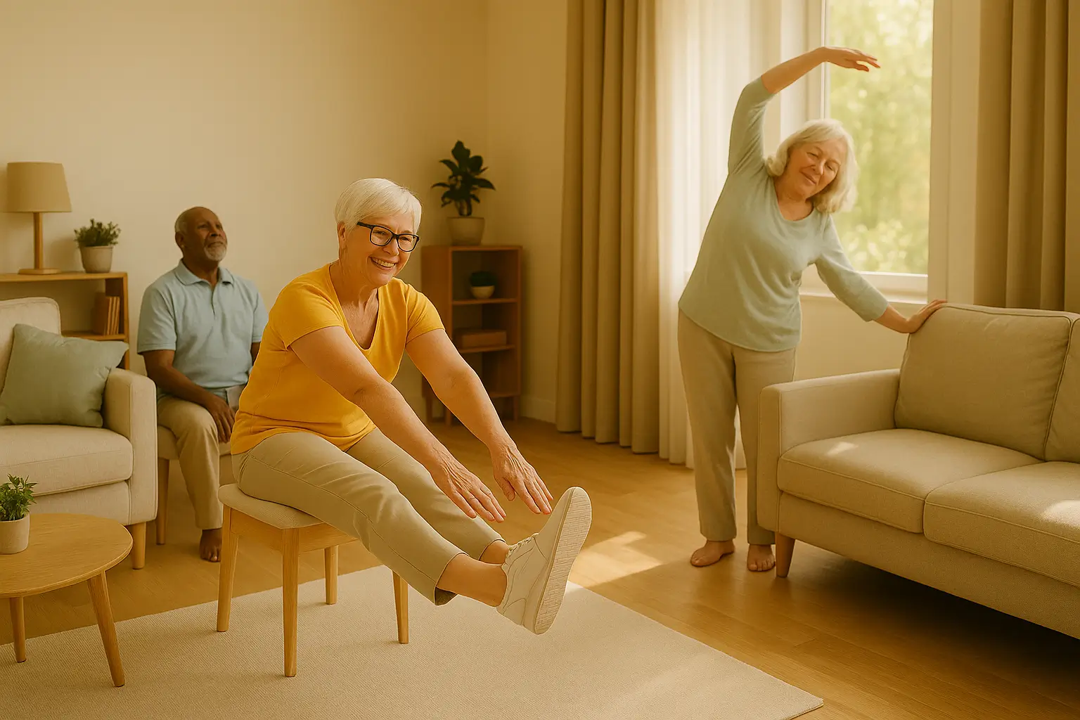 Happy seniors doing gentle morning stretches at home
