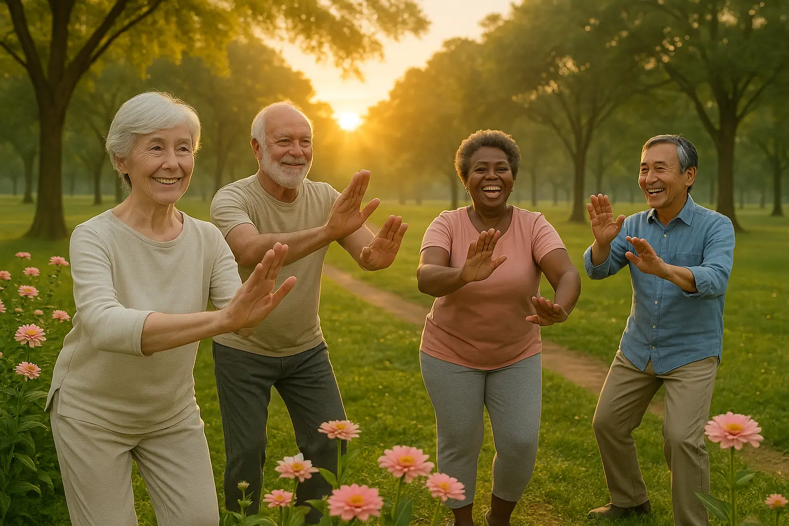 Seniors doing Tai Chi in the park