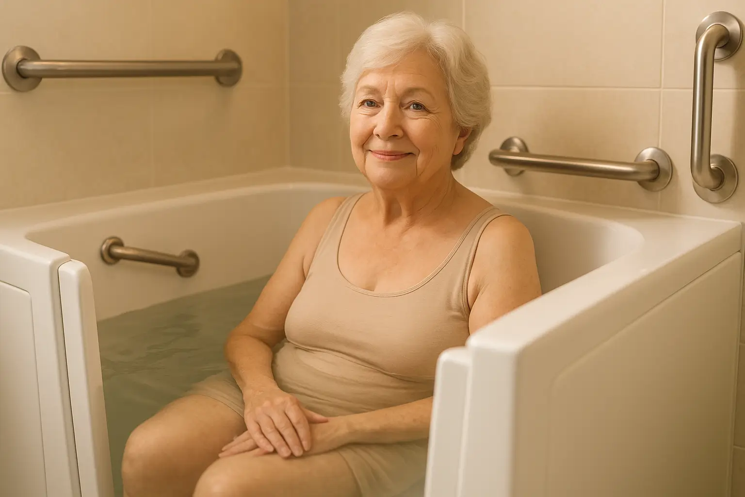 Elderly woman safe in walk-in tub with grab bars