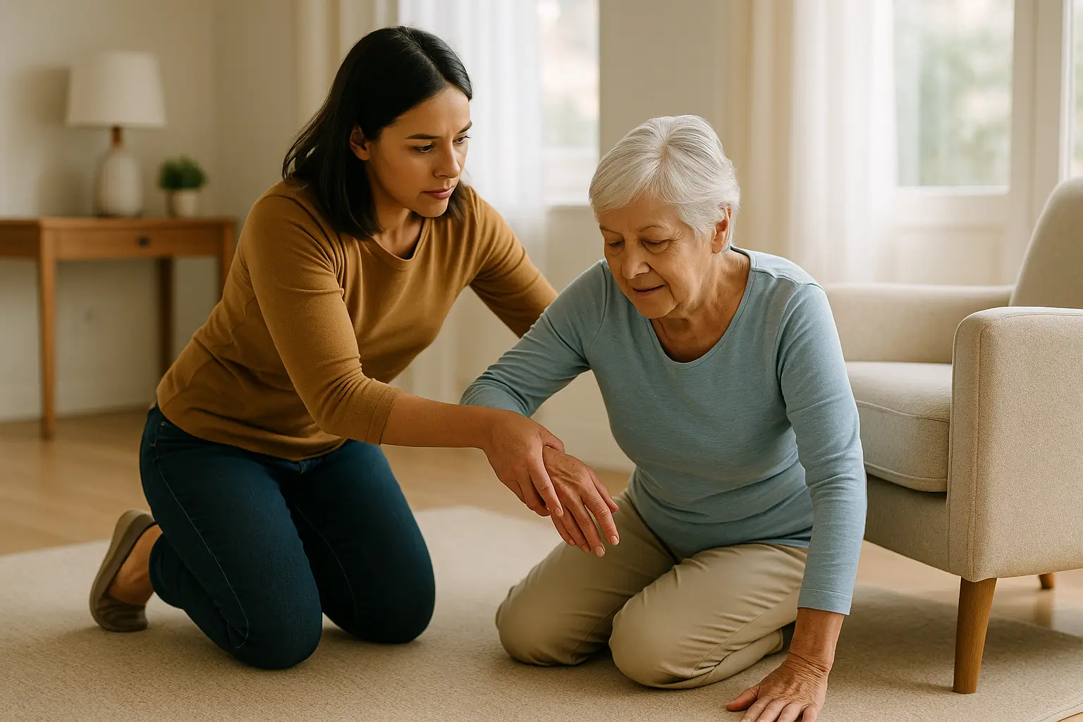 Younger adult helping elderly woman up after fall